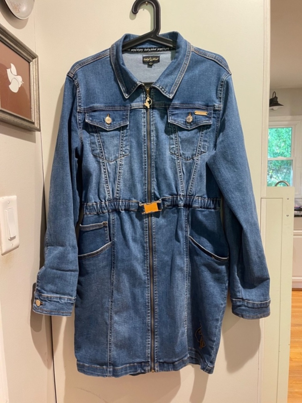 Baby Phat Jacket Dress Large Blue Denim Long Zip Up Cinch Waist Logo Y2K
